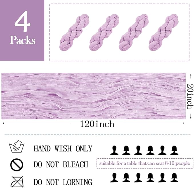 4 Pack Lavender Cheesecloth Table Runner 20 x 120 inch Gauze Table Runners 10 FT Long,Semi Sheer Boho Cheese Cloth Fabric Table Runner Bulk for Wedding,Party,Baby Shower,Bridal Shower Decoration