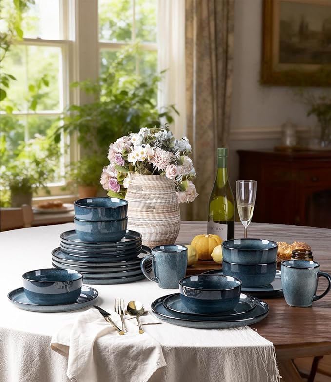 GBHOME Ceramic Dinnerware Sets for 4, 12 Pieces Stoneware Plates and Bowls Sets, Scratch Resistant Dishes, Dishwasher & Microwave Safe, Reactive Glaze-Blue Horizon