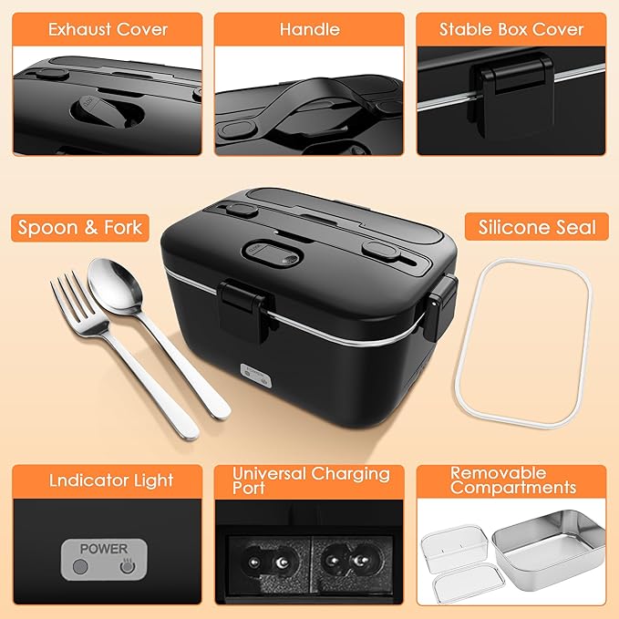 COZYEXPERT Electric-Lunch-Box-Heated-Food-Warmer 100W Heating Lunchbox for Adults 1.8L Portable Food Heater for Work/Car, 12V/24V/110-230V Lonchera El챕ctrica Port찼til with Fork Spoon (Black)