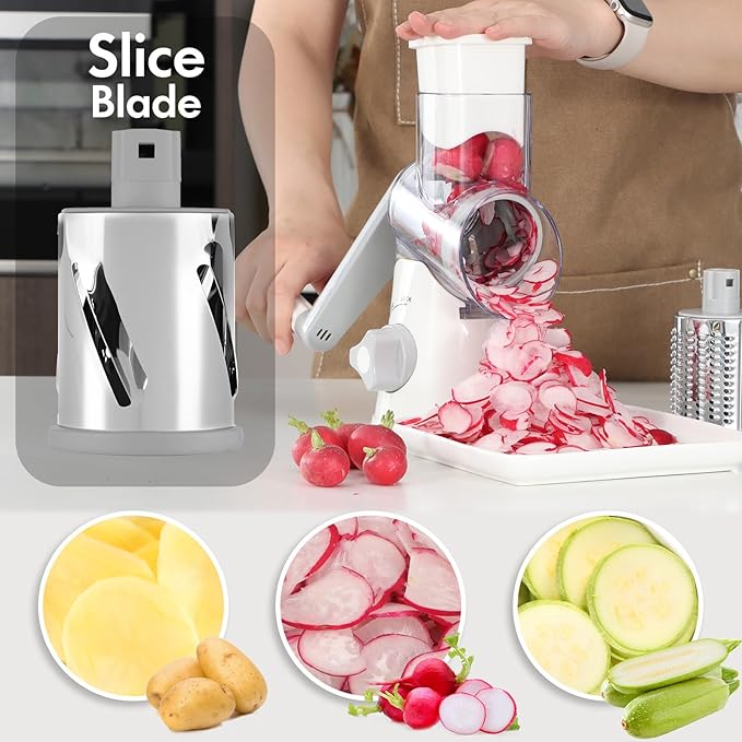 Ancevsk Rotary Cheese Grater with Handle, Kitchen Speed Hand Crank Vegetable Slicer, Potato Hash Brown Shredder Spinning Nut Grinder with 3 Replaceable Stainless Steel Drum Blades (White)