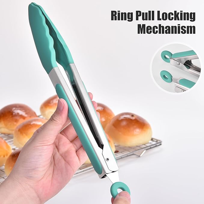 Doosu Kitchen Tongs for Cooking - 600째F Heat Resistant Food Tong Set with Non-Scratch Silicone Tips, Heavy Duty Stainless Steel Locking Tong for BBQ, Grilling Steak, Serving Salad (9+12in, Aqua Sky)