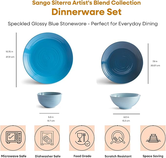 Sango Siterra Artist's Blend 16-Piece Stoneware Dinnerware Set ??Service for 4, Ocean Blue Glossy Glaze with Unique Speckled Design, for Everyday Dining & Entertainment, Microwave & Dishwasher Safe