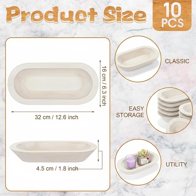 Nuogo 10 Pack Wooden Dough Bowls Bulk 12.5 Inch Rustic Dough Bowls for Wedding DIY Candle Home Crafts Making Farmhouse Fruits Supplies Decoration(White)