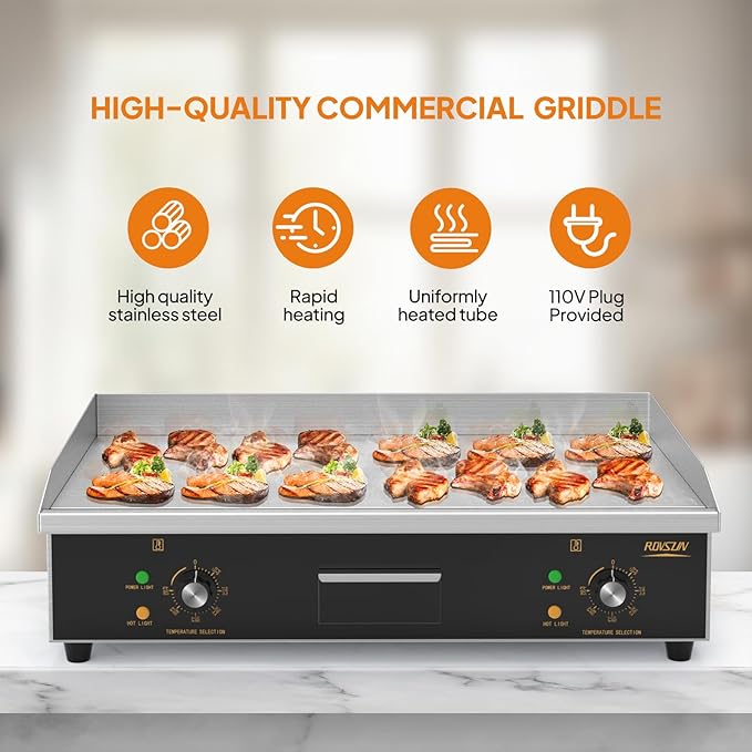 ROVSUN 30" Electric Countertop Flat Top Griddle, 3000W Electric Griddle, Teppanyaki Grill Stainless Steel with Adjustable Temperature Control 122째F-572째F for Commercial Home Restaurant, Plug