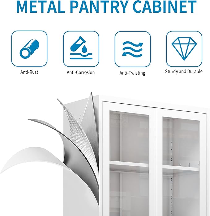 Display Cabinet with Glass Doors 71" Tall Metal Kitchen Storage Pantry with Adjustable Shelves, Curio Storage Cabinet for Kitchen, Dining Room, Garage, Assembly Required