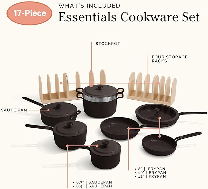 Our Place 17-Piece Essentials Complete Cookware Set - Ceramic Fry Pans, Saucepans, Saut챕 Pan, Stock Pot, Strainer Basket & Modular Storage | Thermakind??Nonstick, Oven Safe up to 450째F | Char