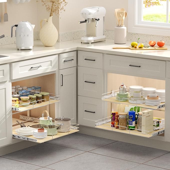 ROOMTEC 2 Tier Individual Pull Out Cabinet Organizer 28쩍"W x 21쩍"D, Slide Out Wood Shelves Organizers, Pull Out Drawers Organization and Storage for Kitchen Cabinet