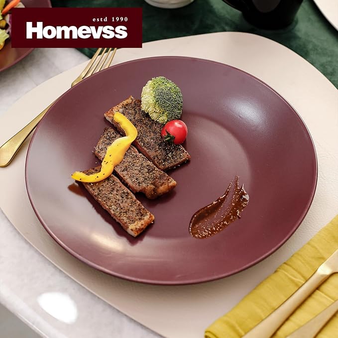 Stoneware Two-Tone Colors Life 18pc Dinner Set竊똎utside Shiny Black + Inside Matte Glaze Plum