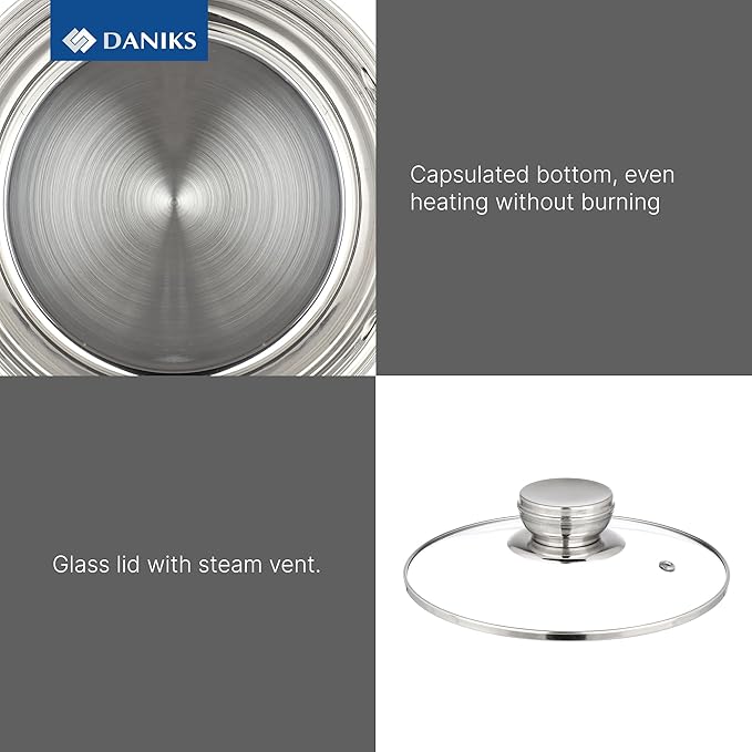 Daniks Standard 2 Quart Stainless Steel Stock Pot with Glass Lid, Try-Ply Bottom for Even Heating, Induction Compatible, Dishwasher Safe, Built-In Measuring Scale, Silver