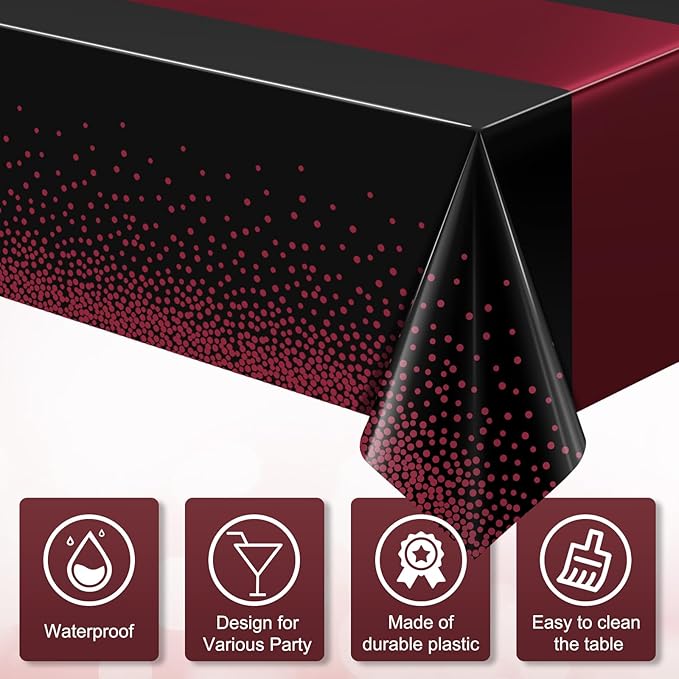 MASHAN 6Pcs Black Maroon Tablecloths, Rectangular Plastic Table Covers, 54x108 Inch, Polka Dot, Stain Resistant, Party Decorations