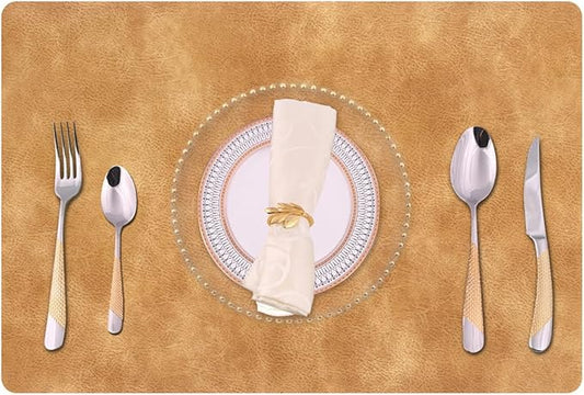 Faux Leather Eco-Friendly Placemats with Rounded Corners Set of 4,Oilproof&Heat-Resistant Place Mats,Waterproof&Stain Resistant Table Mats,Washable Non-Slip for Kitchen-Khaki