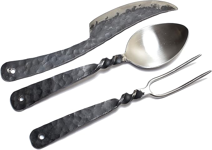 Handforged Medieval Cutlery Set - Stainless Steel Knife, Fork and Spoon Set - Includes Genuine Leather Utensil Pouch