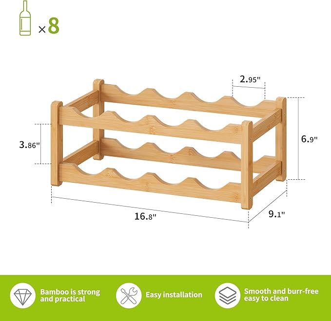 BMOSU Bamboo Wine Rack Wine Storage Cabinet Shelf 8 Bottle Wine Racks Countertop Sturdy for Kitchen Dining Room Pantry - 2 Tiers Wine Rack(Natural)