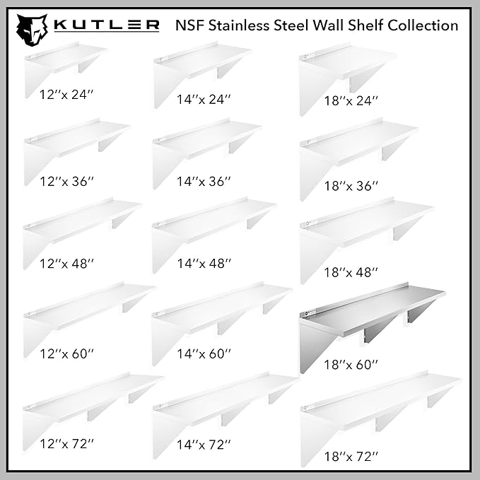 KUTLER Stainless Steel Shelf - 18" x 60", NSF Commercial Wall Mount Shelves with Backsplash, Floating Metal Shelving for Restaurant, Kitchen, Home