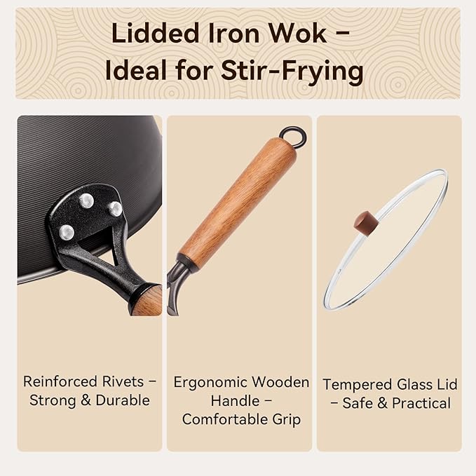 12.6" Iron Wok, Spin-Forged Refined Iron Stir Fry Pan with Wooden Handle, Flat Bottom Wok Pan with Reinforced Rim, Lightweight Woks & Stir-Fry Pans for Everyday Cooking