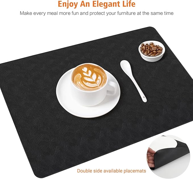 Bxzandya Vinyl Placemats Set of 12 Heat Resistant Easy Clean Non-Slip Place Mats for Dining Table Faux Leather Waterproof Stain Resistant Wipeable Washable PVC Table Mats(12, Black)