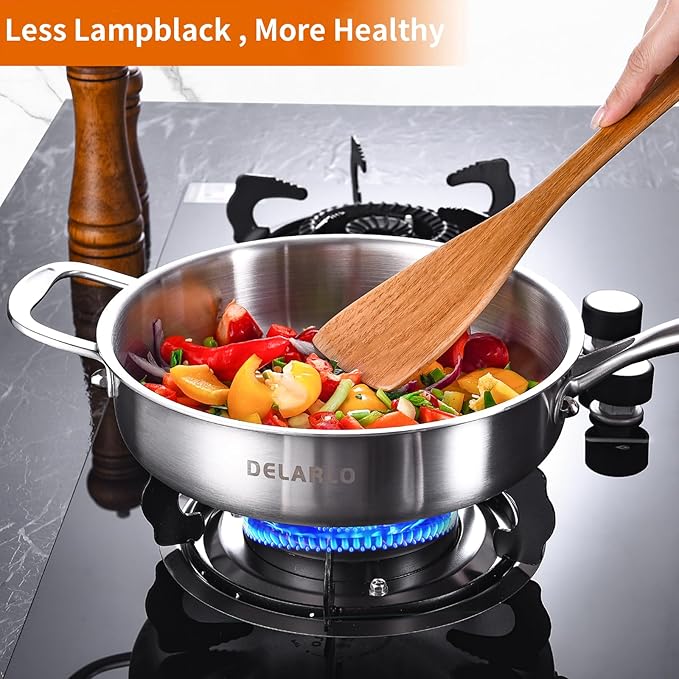 DELARLO Tri-Ply Stainless Steel 10 Inch Frying Pan,3 Quart Saut챕 Pan with lid,Compatible with All Cooktops,Oven Up to 660??Chicken Fryer,Dishwasher-Friendly
