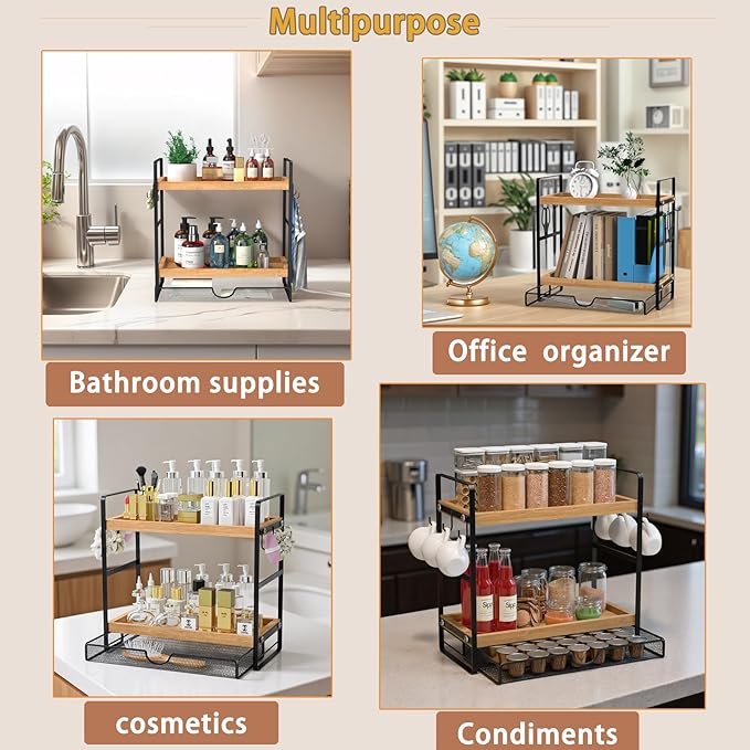 LEMIKKLE 2-Tier Wood Coffee Station Organizer with Pod Holder and Drawer, Kitchen Countertop Organizer, Coffee Bar Accessories Station with Coffee Pod Storage, Coffee Organizer