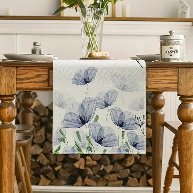 ZCHOMI Poppy Floral Leaves Table Runner 13x72 Inch Seasonal Spring Summer Blue Flower Kitchen Dinning Table Decoration for Home Party Decor