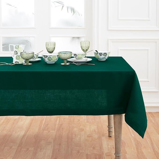 Solino Home Linen Tablecloth for Rectangle Tables 60 x 90 Inch - 100% Pure Linen Rainforest Green Table Cloth - Fete, Machine Washable Cloth Tablecloth for St Patricks Day