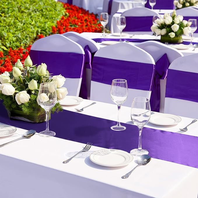 Bencailor 12 Pcs Purple Satin Table Runner Bulk 12 x 108 Inches Long Table Runners Bright Smooth Fabric Tablecloth for Wedding Banquet Birthday Valentines St Patrick's Day Party Decorations