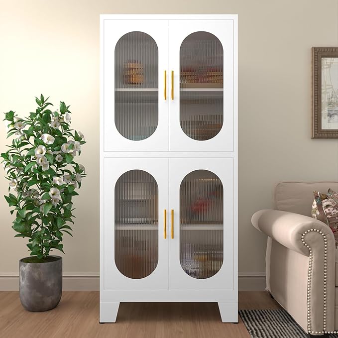 61" Pantry Storage Cabinet, Pantry Cabinets with Acrylic Glass Doors and Adjustable Shelves, Metal Kitchen Pantry Cabinet for Kitchen, Living Room, Laundry Room and Dinning Room