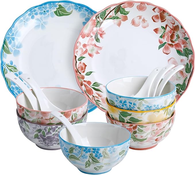 Green Floral Ceramic Dinnerware Set of 2, 14-Piece Plates and Bowls set, Microwave & Dishwasher Safe, Chip Resistant, Family Size Gift Set