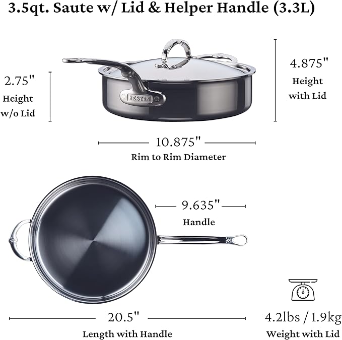 Hestan - NanoBond Collection - Titanium Stainless Steel 3.5-Quart Saut챕 Pan with Lid - Toxin, PFAS, & Chemical Free Clean Cookware, Induction Cooktop Compatible