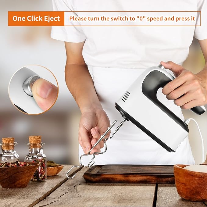 9-Speed Digital Hand Mixer Electric, 400W Powerful DC Motor, Baking Handheld with Snap-On Storage Case, 5 Stainless Steel Accessories, Flat Beaters, Dough Hooks, Whisk(White/Black)