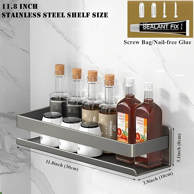 Stainless Steel Detachable Floating Shelf, Nail-Free or Drilling, Floating Wall Mounted Shelves for Kitchen, Bathroom, Corrosion and Rust Resistant, Set of 1 Gray
