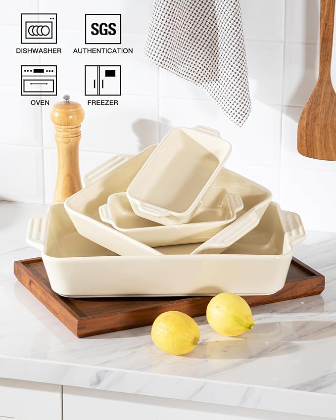 Sweejar Ceramic Bakeware Set of 4, Casserole Dishes for Oven, Rectangular Baking Dish with Handles, Lasagna Pans Deep for Cooking, Gratin, Roasting, Banquet and Daily Use (Beige)