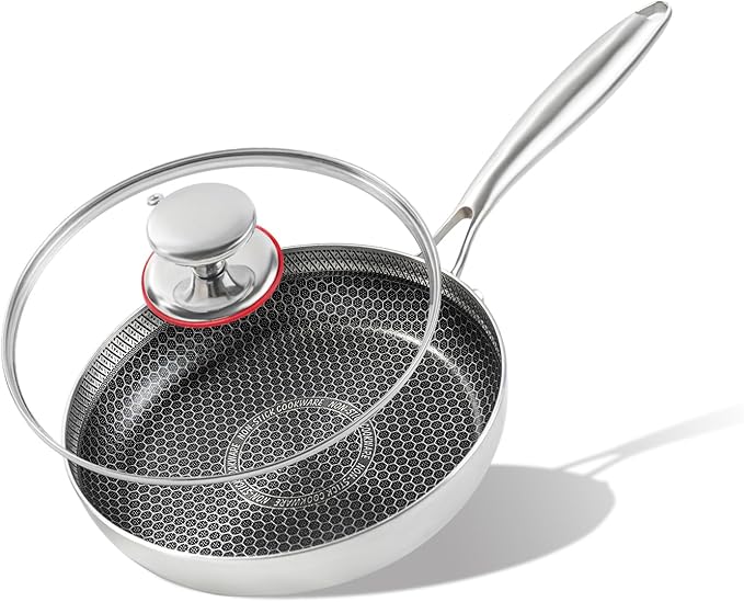 8-inch stainless steel frying pan with lid, hybrid non-stick skillet for induction, small fry pan induction compatible, non-toxic chef's pan, pfoa-free cookware