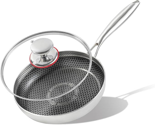 8-inch stainless steel frying pan with lid, hybrid non-stick skillet for induction, small fry pan induction compatible, non-toxic chef's pan, pfoa-free cookware