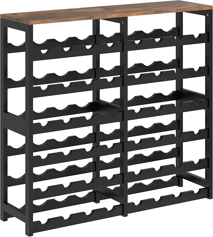 6 Tier Bamboo Wine Rack Freestanding Floor, 24 Bottles Wine Storage Shelves with Table Top, Stackable Wine Display Rack for Kitchen, Bar, Dining Room, Rustic Brown and Black