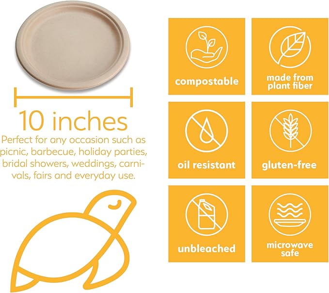 100% Compostable Disposable Paper Plates Bulk [10" 400 Pack], Bamboo Plates, Eco Friendly, Biodegradable, Sturdy Large Dinner Party Plates, Heavy-Duty, Unbleached by Earth's Natural Alternative
