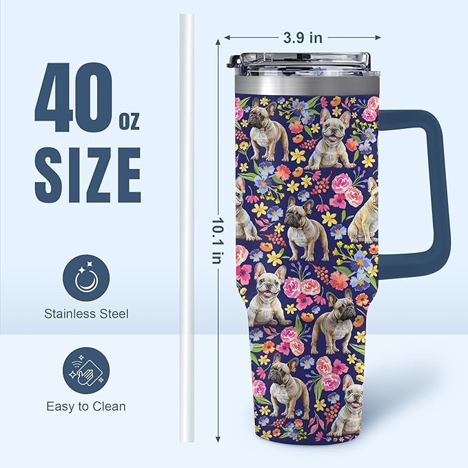 Yogusut French Bulldog Gifts for Women, 40oz Stainless Steel Insulated Tumbler Travel Mug Cup with Handle Straw, Gifts for Dog Mom Dog Lover