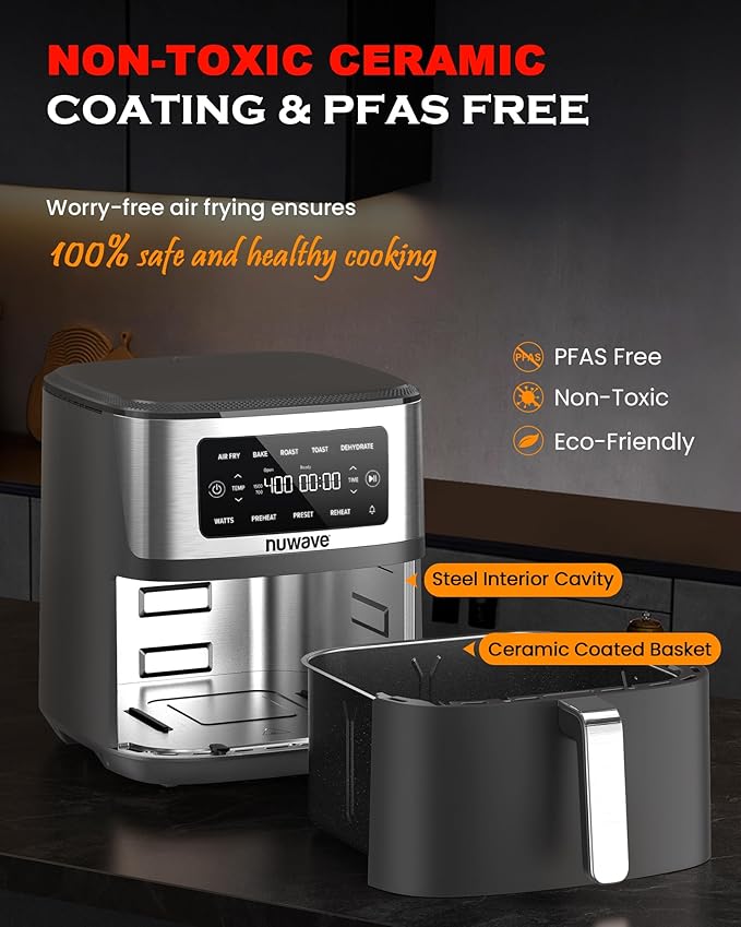 Nuwave Brio Plus 6-in-1 Air Fryer, 7-Qt Large Capacity, 50°F??00°F Precise Temp Control, Non-Toxic PFAS-Free Nonstick, Air Fry, Bake, Roast, Toast, Dehydrate, Reheat, 100 Presets, Dishwasher Safe