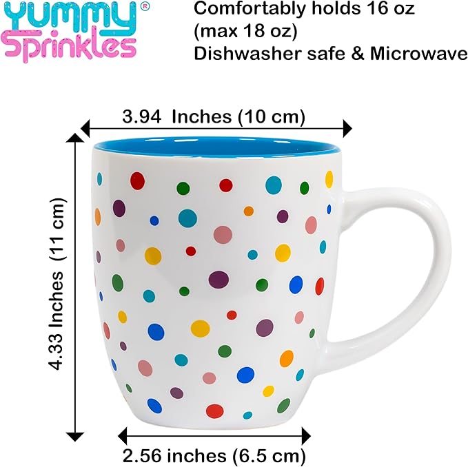 Denim Blue Cute Mug with Confetti Rainbow Sprinkles | Birthday Cake Coffee Cup Gift | Large Ice cream Cup | Dunkin Donuts Coffee Mugs With Fun Polka Dot Pattern