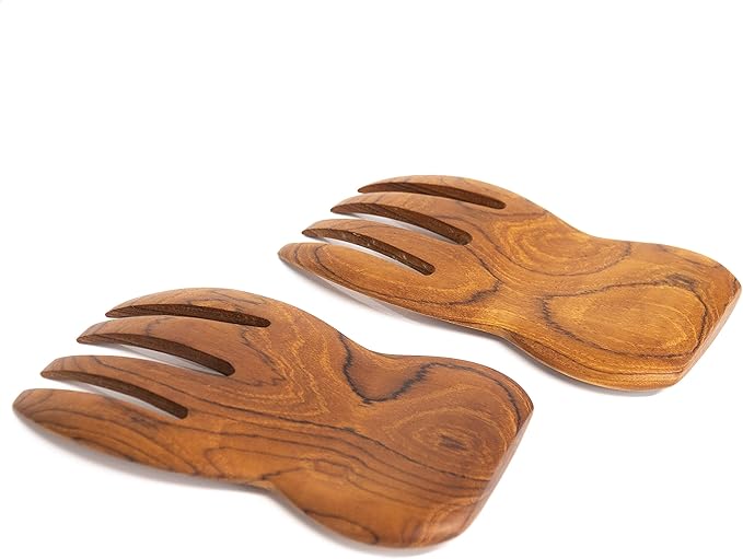 Rainforest Bowls Javanese Teak Wood Salad Serving Hands - Perfect for Mixing, Tossing & Serving Salad - Ultra-Durable- Premium Wooden Design Handcrafted by Indonesian Artisans