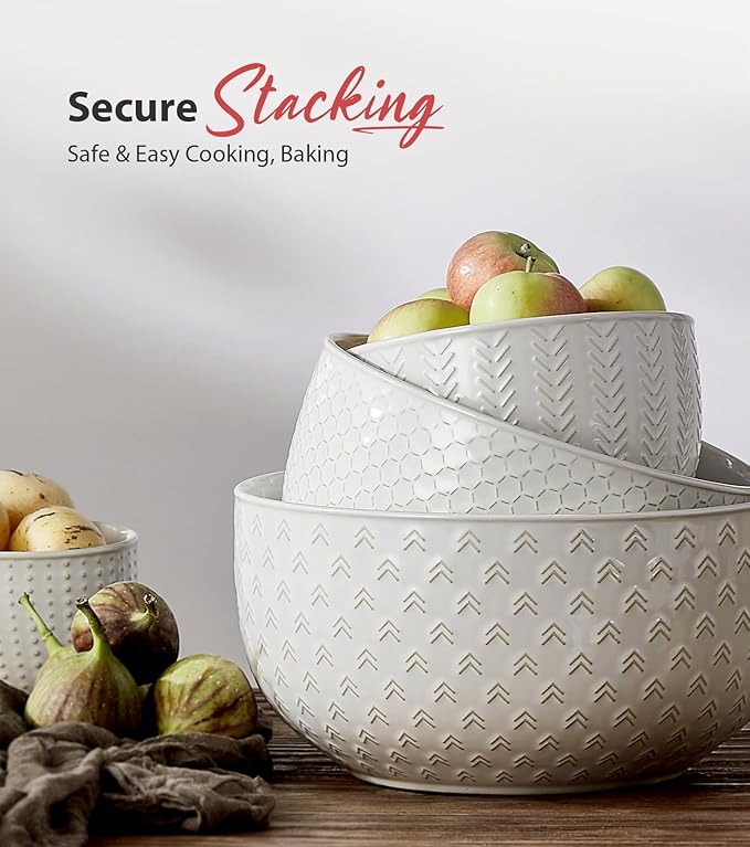 Lareina Ceramic Large Mixing Bowls Set of 4, Nesting Bowls for Cooking, Baking, Salad Etc, Serving Bowls Gift, Kitchen Stoneware, Oven, Microwave and Dishwasher Safe - 20/44/98/145 OZ, Ivory White