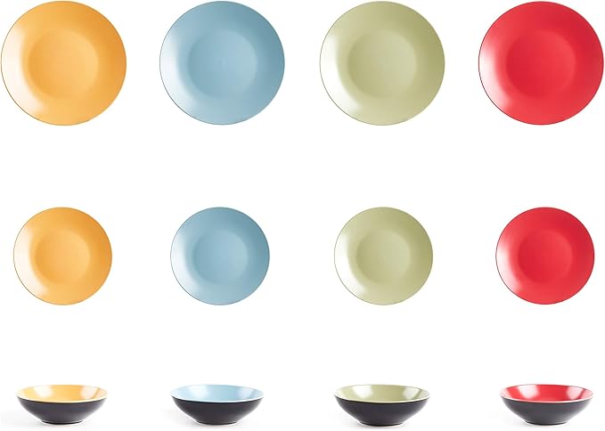 Stoneware Two-Tone Colors Life 12pc Dinnerware Set竊똎utside Shinny Black + Inside Matte Finished Very Funny - 4 Assorted Colors Turquoise, Olive, Curry, Red