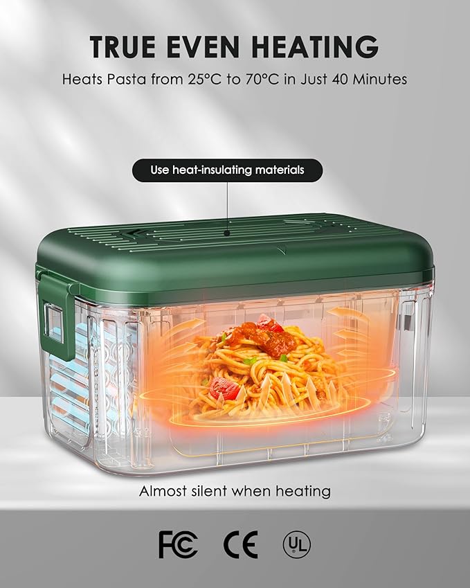 Aurevit Cordless Electric Lunch Box for Adults, 1.4L Heated Lunch Box for Men with Smart Meal Scheduling & Auto Keep Warm, Portable Food Warmer for Car with Insulated Bag, Ice Pack (Brewster Green)