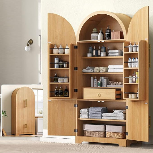 72" Tall Arched Kitchen Pantry Cabinet with 8 Door Shelves and Hidden Drawer, Fluted Storage Cabinets with 3 Adjustable Shelves, Versatile Cupboard for Kitchen (Natural)