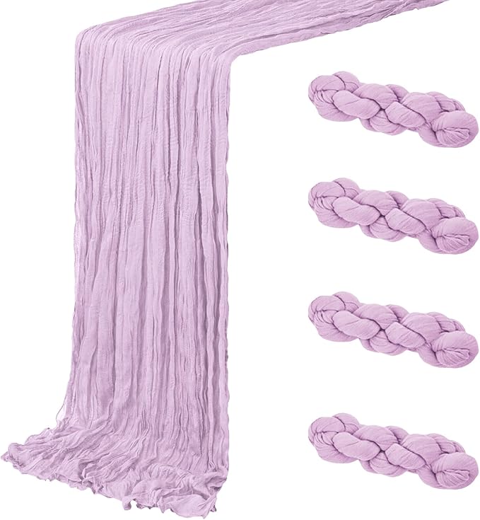 4 Pack Lavender Cheesecloth Table Runner 20 x 120 inch Gauze Table Runners 10 FT Long,Semi Sheer Boho Cheese Cloth Fabric Table Runner Bulk for Wedding,Party,Baby Shower,Bridal Shower Decoration