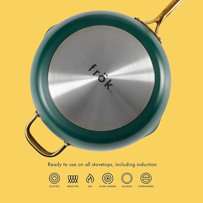 Frok 13" Frying Pan Wok Skillet 4MM Thick Quick Heat Aluminum Cookware w/Aluminum Lid Premium PFA Free Ceramic Nonstick Interior & Heat Resistant Exterior - Induction - Green & Gold