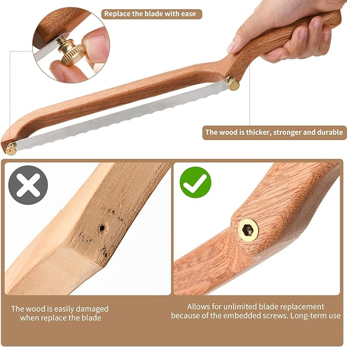 Uprichya Bread Knife for Homemade Bread Sourdough, Wooden Bread Bow Knife for Sourdough, Bread Slicer for Homemade Bread, Bread Saw, Sourdough Bread Cutter, Sharp and Even Slicing