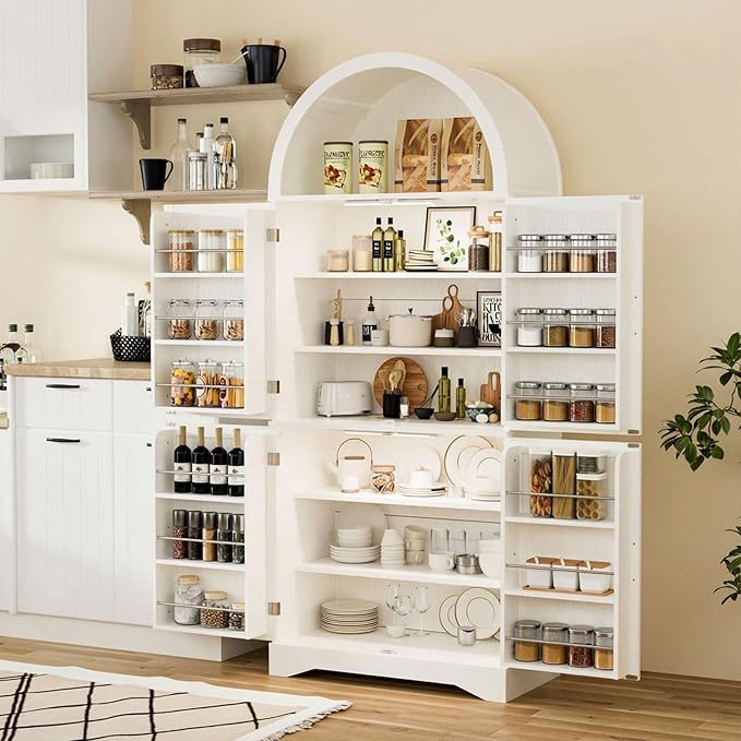 Arched Pantry Cabinet, 70" Tall Arched Cabinet with Adjustable Shelves and Induction 3 Color Lights, Kitchen Pantry Cabinets, Cupboard with Barn Doors for Kitchen or Living Room, White