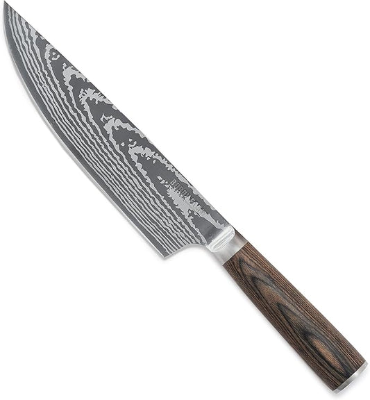 GreenPan x Bobby Flay 8" Chef's Knife with Sheath, Premium Stainless Steel Blade, Precision Cutting Kitchen Tool, Ultra-Sharp Cutlery, Hand Finished Ergonomic Wood Handle, Damascus Steel Design