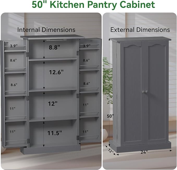 50" LED Kitchen Pantry Cabinet Grey Storage Cabinet Food Pantry with Doors and Adjustable Shelves Freestanding Buffet Cupboards Sideboard for Kitchen Living Room and Dinning Room
