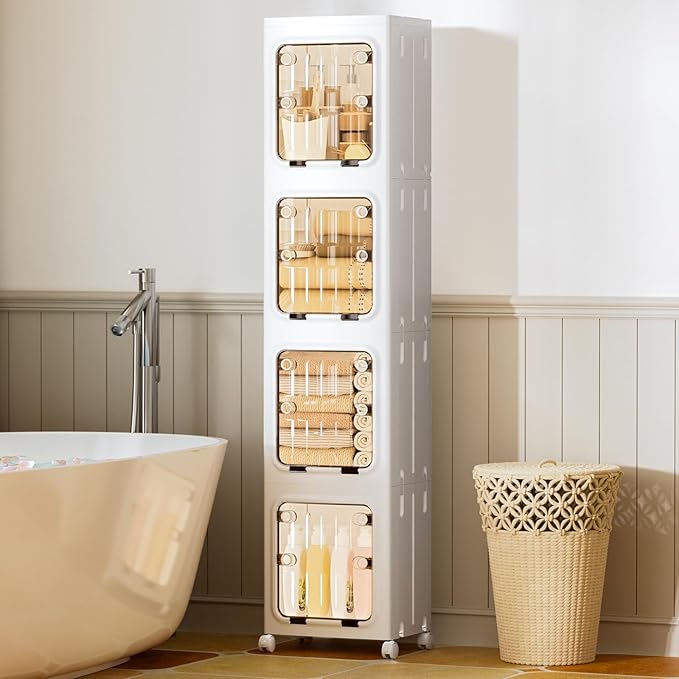 JEKO&JEKO Narrow Bathroom Storage Cabinet, 4-Tier Slim Tall Cabinet Organizer with Wheels, Foldable Plastic Storage for Small Spaces, White